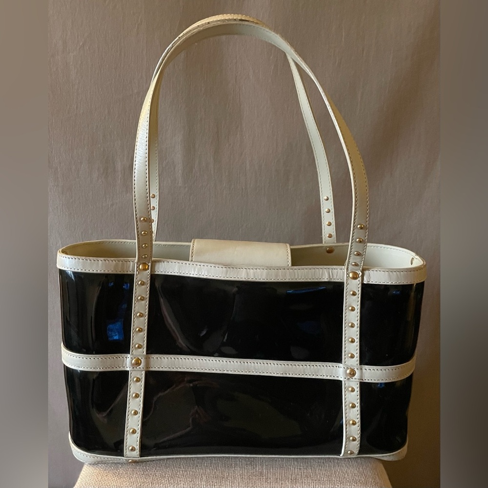 Maxx New York Black Patent Leather and Cream Women's Bag with Gold accents.